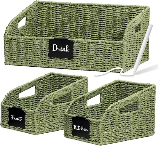 Pantry Organizers, Handwoven Large Wicker Baskets for Shelves, Labeled Storage Baskets for Organizing with Handles - Paper Storage Bins for Shelves, 3 Pack, Green