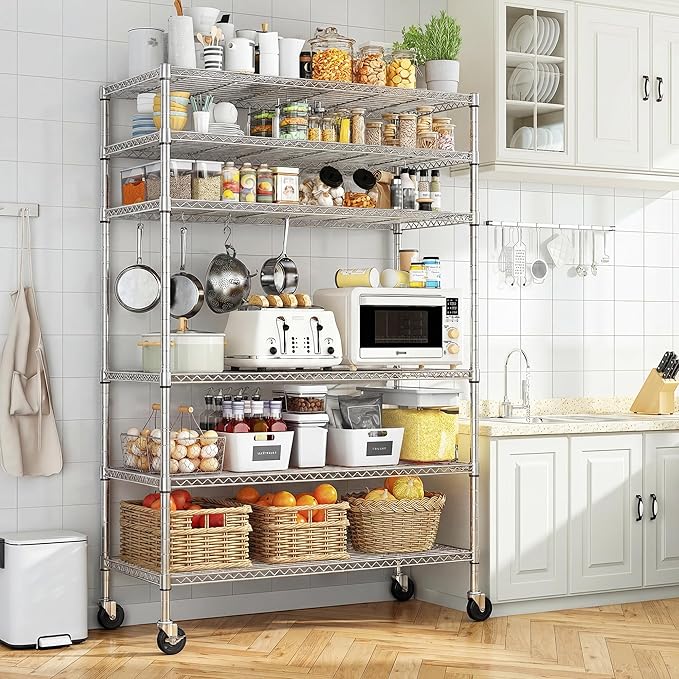 Romorgniz 82" H X45 W X18 D Storage Shelves with Wheels, 6 Tier Wire Shelving Adjustable Metal Shelving Pantry Shelves Capacity 1200LBS for Garage Shelving, Pantry, Kitchen, Commercial, Chrome,3P