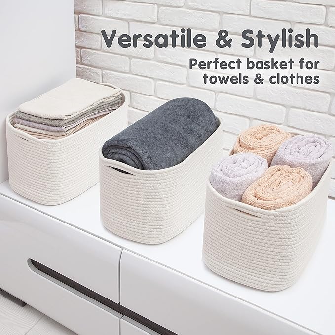 CHAT BLANC Cotton Rope Baskets for Organizing, Shelves, Toys, Storage, Shoe, Bathroom, Laundry, Towel, Nursery, Home Decor, Blanket, Cloth Woven Bins Fabric (Creamy White, 15"x10"x9")