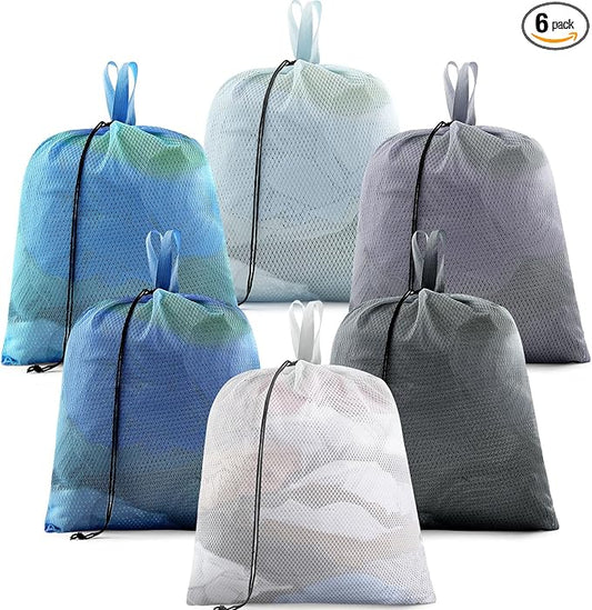 6 Pack 20 x 17 Inches Blue Soft Mesh Laundry Bag with Handles Machine Washable Secure Drawstring Closure Large Sturdy Mesh Net Laundry for College Travel Dorm Laundromat