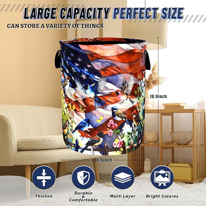 Colorful Bird Laundry Basket Foldable American Flag Garden Birds Laundry Hamper With Handle Portable Oxford Cloth Clothes Storage Basket Laundry Bag 18.9"x16.5" For Laundry Room/Bedroom/Bathrooms