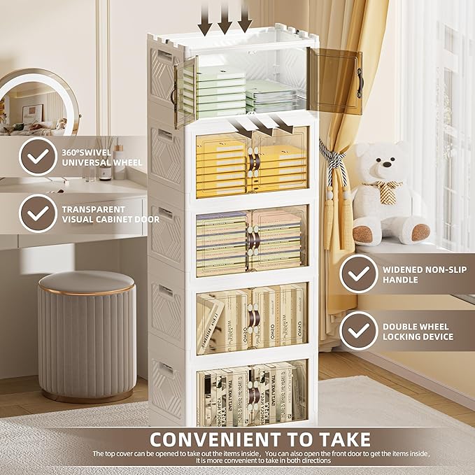 248 QT / 62 Gal Rolling Foldable Storage Cabinet with Stackable Feature - Double Magnetic Doors, Leather Handles, Durable Plastic for Closet/Office, Easy Assembly & Move