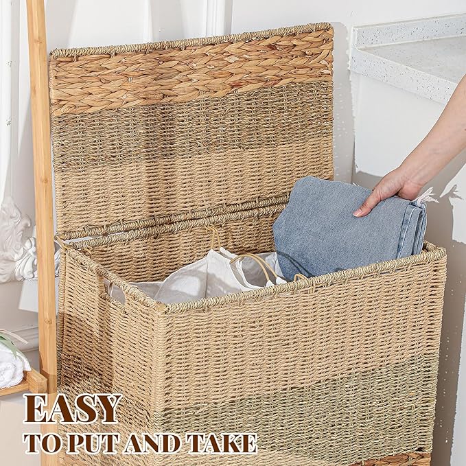Cinnvoice 120 L Rolling Wicker Laundry Basket with Wheels Laundry Hamper with Lid Decorative Woven Hamper with Washable Removable Liner Bags and Handles for Clothes Natural Water Hyacinth, 2 Sections