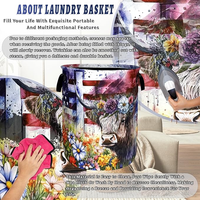Highland Cow American Cross Flowers Laundry Basket Foldable Animal Laundry Hamper With Handle Portable Oxford Cloth Clothes Storage Basket Laundry Bag 18.9"x16.5" For Laundry Room/Bedroom/Bathrooms