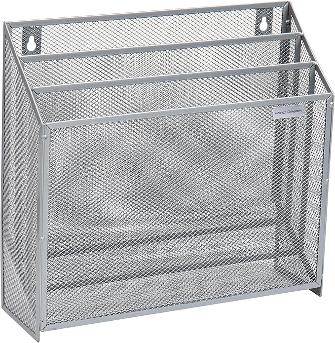 Mind Reader Vertical File Storage, Desktop Organizer, Wall Mount, Office, Metal Mesh, 12.5"L x 3.75"W x 11.5"H, Silver