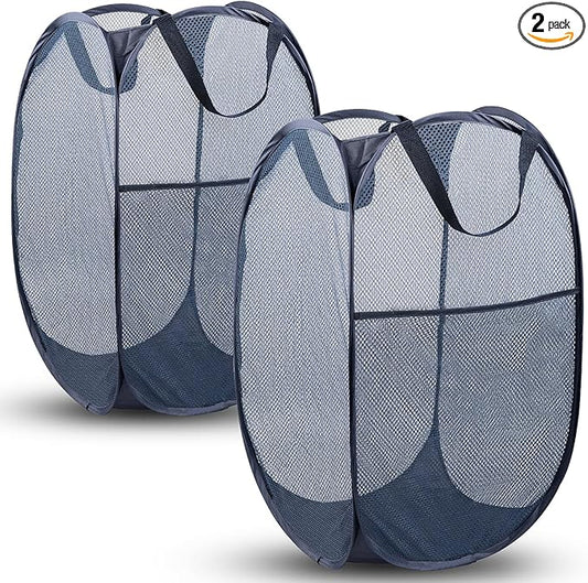 DUCOO Pop Up Laundry Hamper, 70L Collapsible Mesh Laundry Basket with Side Pocket, Foldable Dirty Clothes Hamper with Sturdy Reinforced Handles for Home Dorm Bedroom Travel Storage, Blue, 2Pack
