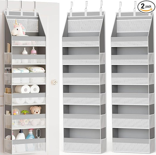 Criusia 2 Pack Over The Door Organizer, Heavy-Duty 6-Shelf Hanging Storage with 13 Mesh Pockets, 55lbs Capacity Behind The Door Storage for Nursery, Bathroom, Bedroom, and Dorm, Grey