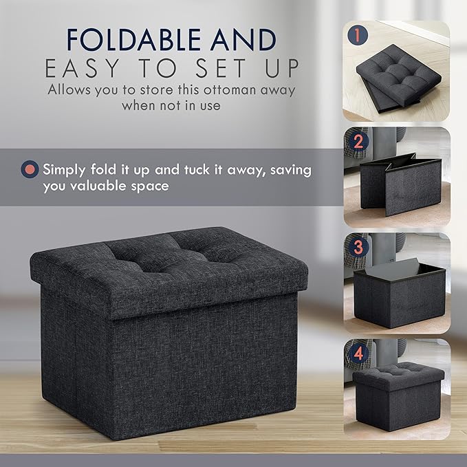 Ornavo Home Small Storage Ottoman, Set of 2, Foldable Collapsible Rectangle Linen Ottoman Foot Rest Stool Seat, for Living Room, Bedroom, Home Office, Dorm - 12 x 16 x 12, Black