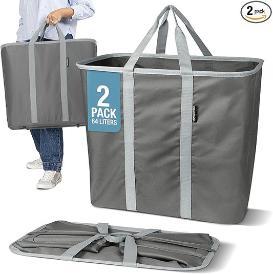 CleverMade Collapsible Laundry Caddy – Foldable Laundry Hamper & Tote, XXL 64L Pop-Up Laundry Basket with Handles, Space-Saving Laundry Organizer for Home & Travel, 2 Pack - Charcoal Gray