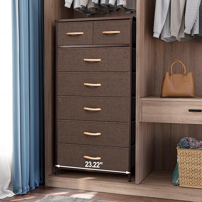 Crestlive Products Vertical Dresser Storage Tower - Sturdy Steel Frame, Wood Top, Easy Pull Fabric Bins, Wood Handles - Organizer Unit for Bedroom, Entryway, Closets - 7 Drawers (Brown)