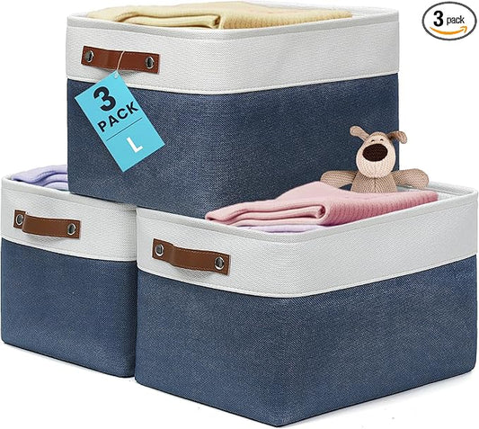 OrganiHaus Large Fabric Storage Baskets for Shelves 3 Pack, 15x11in Closet Storage Bins, Canvas Storage Bin for Organizing, Cloth Baskets, Linen Closet Organizers, Navy Blue/Off-White