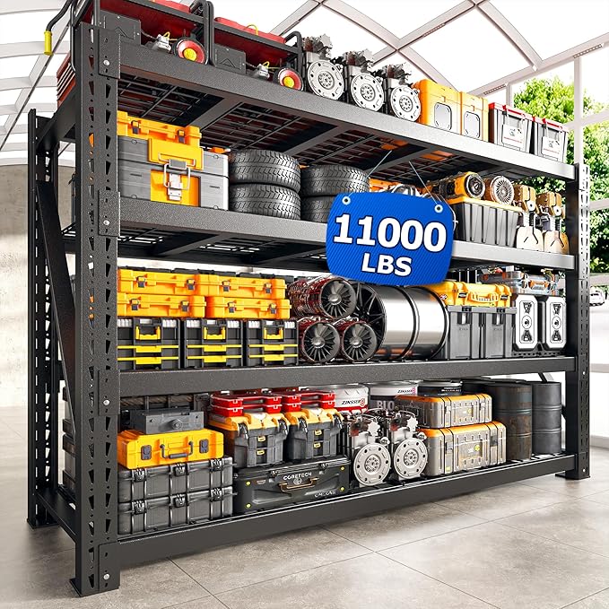 Bepatio 11000LBS Industrial Heavy Duty Garage Shelving, 4-Tier Adjustable Storage Shelves Metal Shelving, Industrial Shelf for Basement Warehouse Commercial Garage Shop, 72" H× 60" W × 24" D, Black