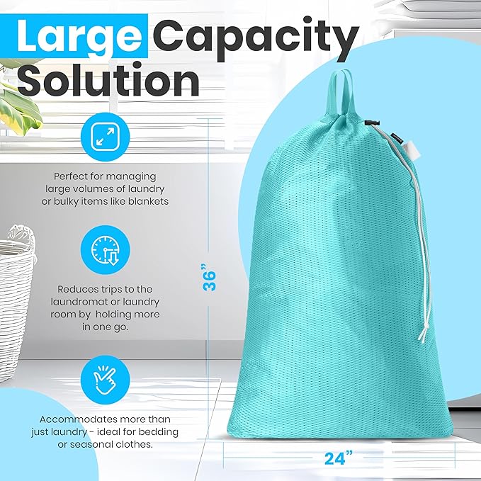 Handy Laundry Mesh Laundry Bags 24 x 36 Inches, 2-Pack - Extra Large Heavy Duty Bag with Handles & Shoulder Strap, Breathable, Machine Washable for Dorm, Travel, Bedding & Storage - Teal