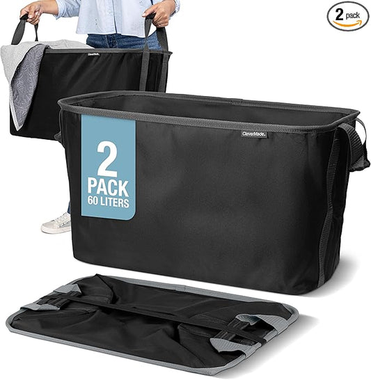 CleverMade Collapsible Laundry Basket 2 Pack – 60L (16 Gal) Foldable Clothes Hamper with Reinforced Handles, Space Saving Fabric Laundry Bin, Holds 55 lbs, Flat Folding for Home & Travel - Black