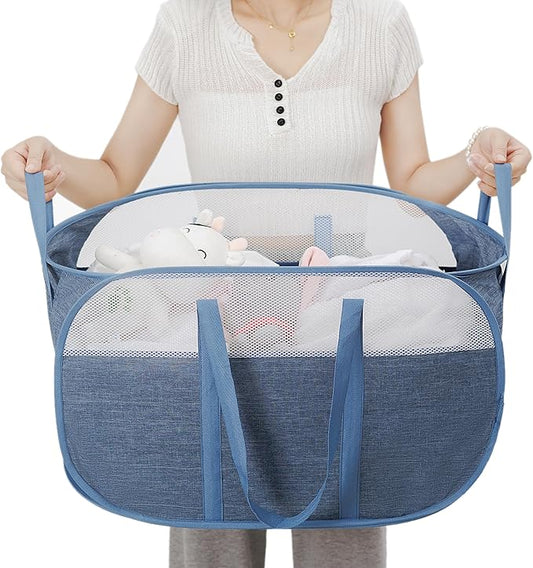 MOOMASS Pop-Up Laundry Basket，collapsible Mesh Laundry Hamper– With Extended Shoulder Straps, Sturdy Handles, and Premium Cationic Fabric (blue)…