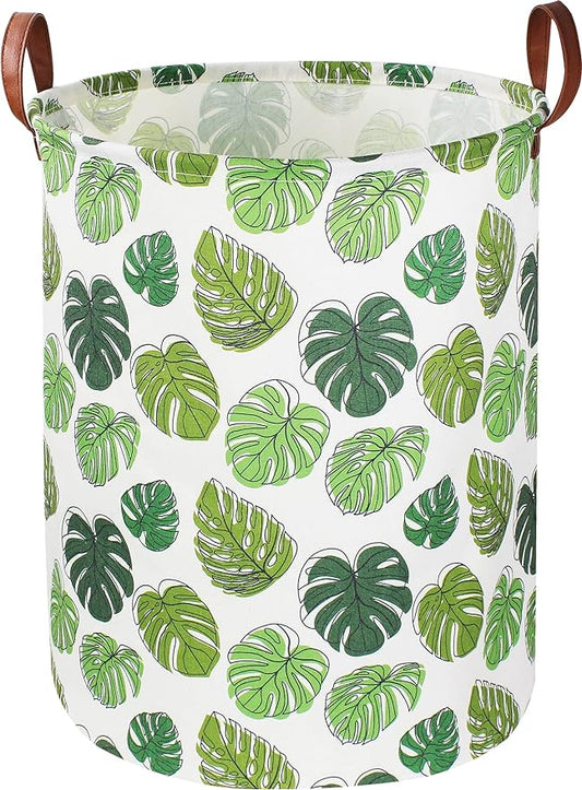 NTAOHAMPER Round Green Laundry Hamper, Jungle Themed Nursery Decor, Tropical Pattern Basket, Monstera Room Decor,Waterproof Storage Bin, Gift Basket(Leaf)