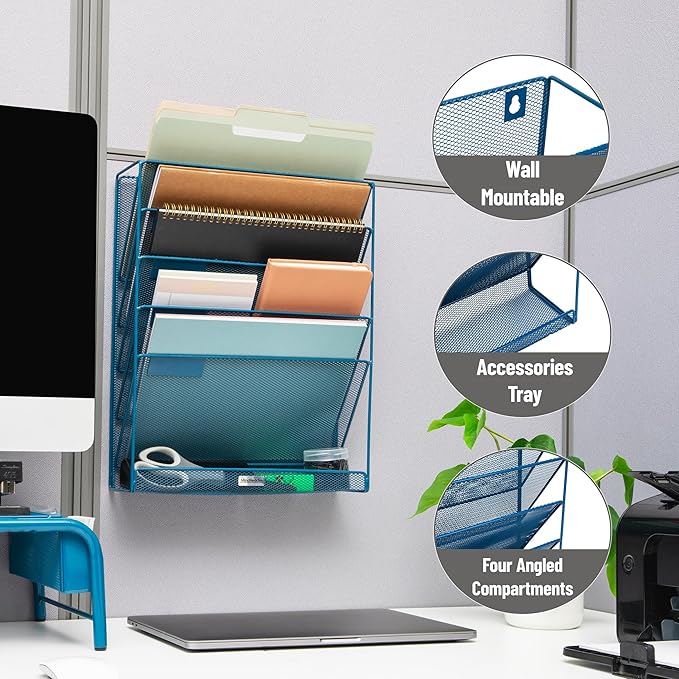 Mind Reader 5-Pocket Vertical File Storage, Desktop Organizer, Wall Mount, Office, Metal Mesh, Turquoise