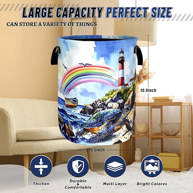 Beach Sea Turtle Laundry Basket Foldable Rainbow Ocean Animals Laundry Hamper With Handle Portable Oxford Cloth Clothes Storage Basket Laundry Bag 18.9"x16.5" For Laundry Room/Bedroom/Bathrooms
