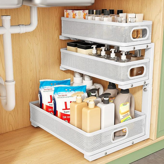 Kitstorack Under Sink Organizer, 1-Pack 3-Tier Height Adjustable Thickened Metal Pull out Cabinet Organizer Shelf, Slide out Storage Drawer Rack for Bathroom Kitchen Pantry Home Laundry Organization