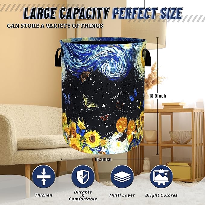 Starry Sky Sunflowers Laundry Basket Foldable Butterfly Laundry Hamper With Handle Portable Oxford Cloth Clothes Storage Basket Colorful Laundry Bag 18.9"x16.5" For Laundry Room/Bedroom/Bathrooms