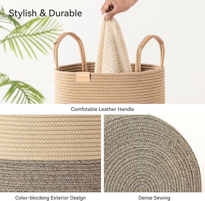 Nunsino 62L Striped Laundry Hamper with Leather Handles,Large Foldable Laundry Basket for Clothes,Cotton Rope Storage Bin for Blankets,Woven Clothes Basket for Bedroom,Dark Brown Stripes