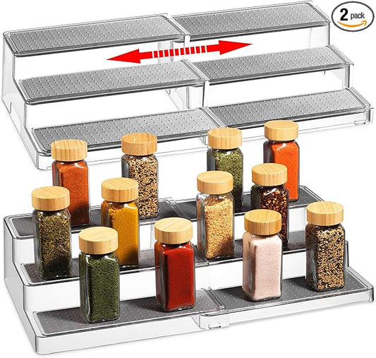 Oizeir Expandable Spice Rack Organizer for Cabinet (2 Pack), 3-Tier Clear Tiered Shelf, Non-Slip Adjustable Spice Cabinet Organizer for Kitchen Pantry, Medicine, Seasoning & Bottle Storage