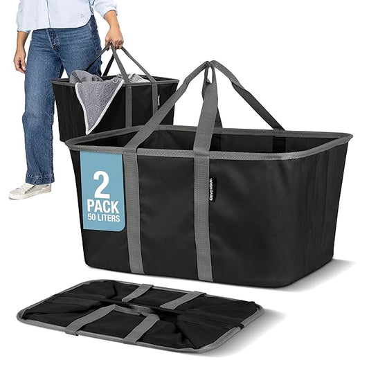 CleverMade Collapsible Laundry Tote 2-Pack (50L) – Foldable Carry-All Storage Bin for Laundry, Car Trunk, RV, Dorm & Home Organization - Black
