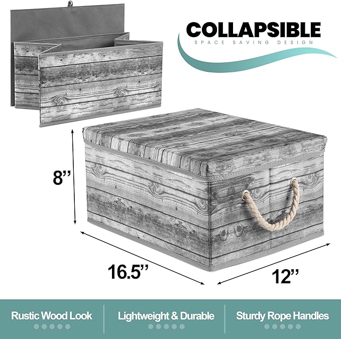 Sorbus Storage Box Set with Lid, Carry Handles, Foldable Frame, Rustic Wood Grain Print Bins, Great for Toys, Memorabilia, Closet, Office, Bedroom, 2-Pack (Wood Box Set - Gray)