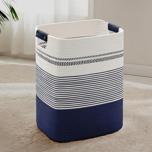 85L Tall Laundry Hamper with Handles for Living Room Storage, Extra Large Woven Rope Baskets Bin for Blanket, Kids Toy, Gifts, Wicker Hamper for Bedroom Dirty Clothes, 17"x14"x22" White Navy