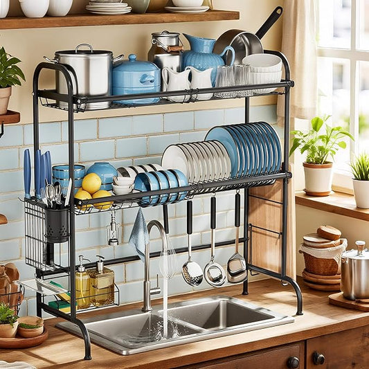 MOUKABAL Dish Drying Rack - Stainless Steel Over The Sink Dish Drying Rack (Expandable Length), 2 Tier Large Dish Rack with Utensil Holder, 32.3" - 33.9"(L) x 11.4"(W) x 32.3"(H) Black