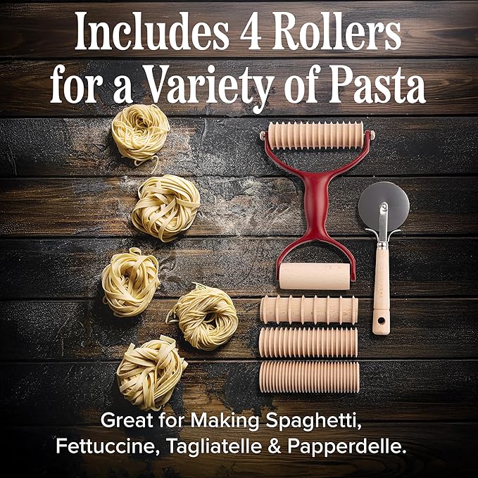 7 Pcs Pasta Making Tools - Kitchen Set with Handle, Pasta Cutter, Small Rolling Pin, and 4 Grooved Rollers for Spaghetti, Fettucine, Tagliatelle, and Pappardelle - Made in Italy by Classic Cuisine
