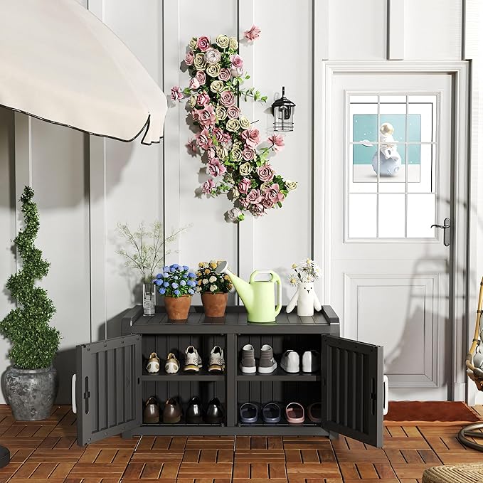 EasyUp Shoe Bench Waterproof,Resin Shoe Cabinet,Outdoor Storage,Industrial Hallway Bench with Adjustable Shelves for Entryway,Living Room,Bedroom(Black,Double Door)