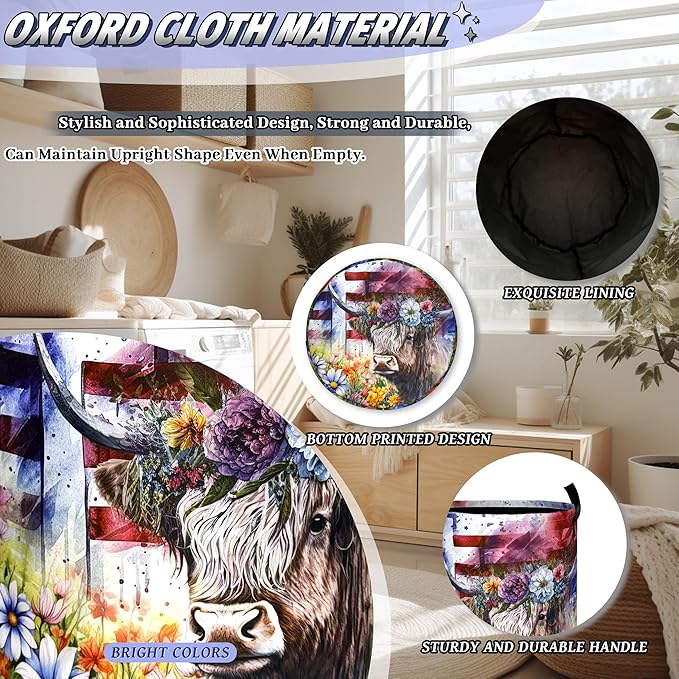 Highland Cow American Cross Flowers Laundry Basket Foldable Animal Laundry Hamper With Handle Portable Oxford Cloth Clothes Storage Basket Laundry Bag 18.9"x16.5" For Laundry Room/Bedroom/Bathrooms