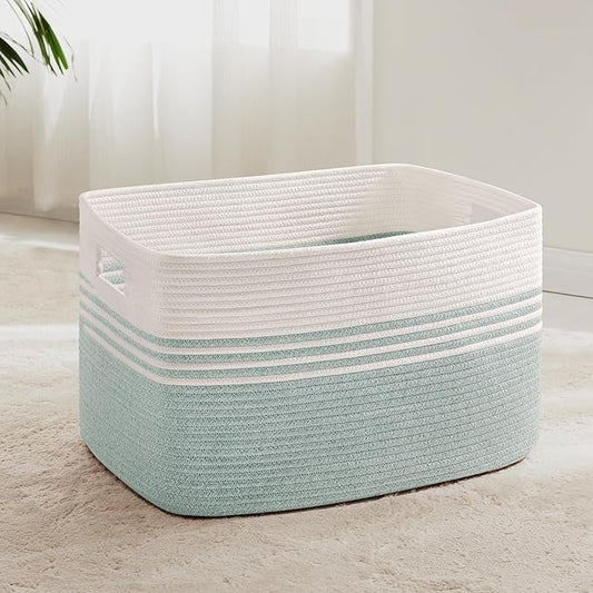 72L Large Laundry Basket for Living Room Storage, Woven Rope Baskets Bin for Blanket, Kids Toy, Gifts, Wicker Hamper for Bedroom Dirty Clothes, 22"x17"x12"White Green