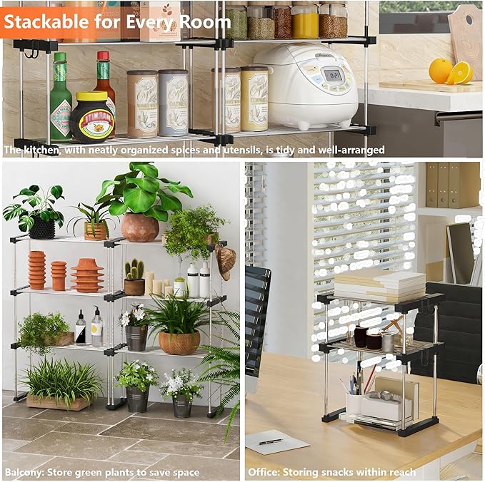 BLULEE Dual-Adjustable Cabinet Organizer Shelf,Expandable Width & Height Stackable Spice Rack with Snap-Lock,2-Tier Kitchen Organization and Storage for Under Sink,Countertop,Pantry,Black,2Pack