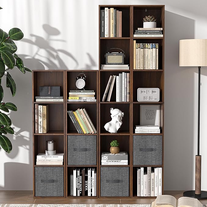 6 Cube Storage Organizer, Narrow Open Shelf Bookcase, Freestanding 6 Tier Low Display Bookshelf for Home Office, Living Room, Bedroom, Dark Brown & Black Walnut