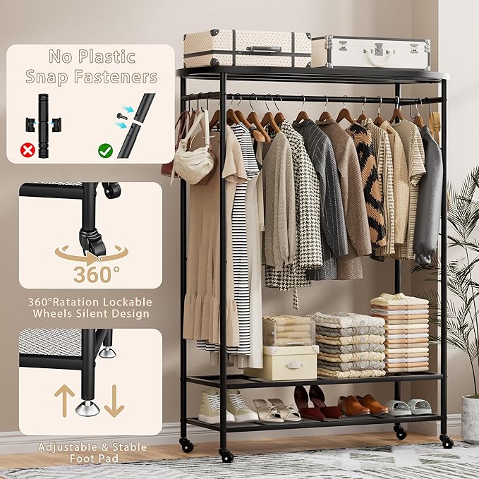 Clothes Rack with Cover, Heavy Duty Portable Closet for Hanging Clothes, Rolling Clothing Closet, Garment Rack with Wheels&Side Hooks, Closet Organizers and Storage with Black Cover, Max Load 380LBS