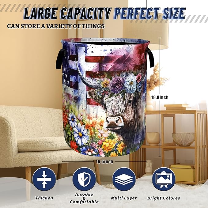 Highland Cow American Cross Flowers Laundry Basket Foldable Animal Laundry Hamper With Handle Portable Oxford Cloth Clothes Storage Basket Laundry Bag 18.9"x16.5" For Laundry Room/Bedroom/Bathrooms