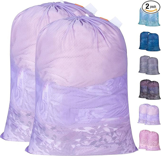 Polecasa Heavy Duty Large Mesh Laundry Bags with ID Tag and Locking Drawstring Closure - 2 Pack, 24 x 36 inches - Laundry Hamper Liner, Washable Laundry Bag for Travel, Sports, Dorms (Purple)
