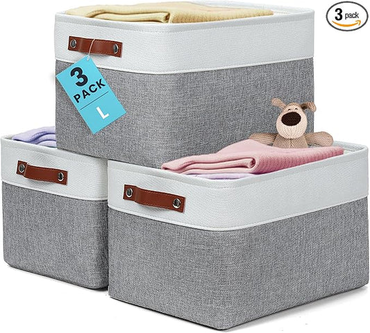 OrganiHaus Large Fabric Storage Baskets for Shelves 3 Pack, 15x11in Closet Storage Bins, Canvas Storage Bin for Organizing, Cloth Baskets, Linen Closet Organizers, Gray/Off-White
