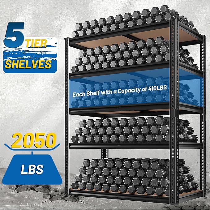 ROOMFAVE 72" H Storage Shelves 5 Tier Garage Shelving Heavy Duty,2050LBS Adjustable Metal Shelving Unit, Garage Shelves for Basement, Warehouse, Pantry, Closet, 72" H x 35.5" W x 16" D, Black,4PCS