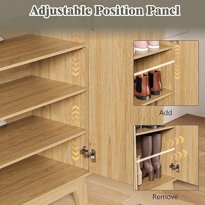 HUANLEGO Shoe Cabinet Storage for Entryway, 4 Tier Fluted Shoe Storage Cabinet with 2 Drawers, Narrow Hidden Shoe Organizer with Adjustable Shelves, Freestanding Shoe Rack for Entryway, Hallway, Oak