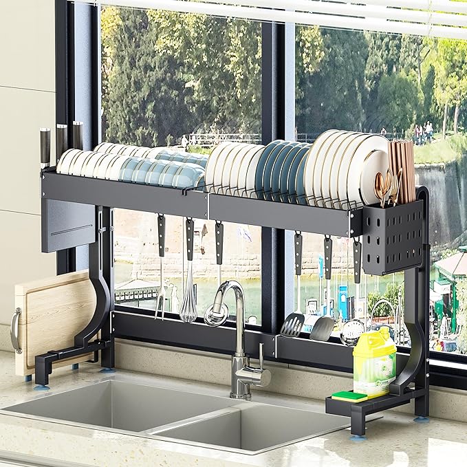 Over the Sink Dish Drying Drainer Rack - Height & Width Adjustable Large Capacity Stainless Steel Kitchen Storage Organization Plate Strainers Above Kitchen Counter (W21.2-37" ~ H18.5-22" Black)