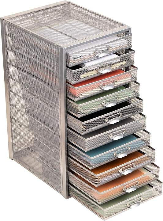 Mind Reader 10-Drawer Desk Organizer for Office Supplies, Crafts, Mail Sorting & More, Metal Mesh, 10.75"L x 14"W x 21.25"H, Silver