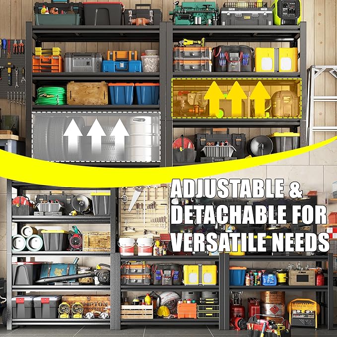 63''H Garage Storage Shelves Heavy Duty Garage Shelving Units, 2400 LBS Steel Industrial Shelving, Adjustable 4-Tier Metal Utility Shelf Organizer for Warehouse, Basement, Black (63''Hx46''Wx18''D)