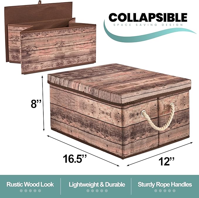 Sorbus Storage Box Set with Lid, Carry Handles, Foldable Frame, Rustic Wood Grain Print Bins, Great for Toys, Memorabilia, Closet, Office, Bedroom, 2-Pack (Wood Box Set - Brown)