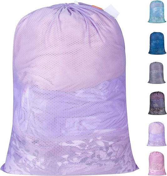 Polecasa Heavy Duty Diamond Large Mesh Laundry Bag with ID Tag and Locking Drawstring Closure - 24 x 36 inches - Laundry Hamper Liner, Washable Laundry Bags for Travel, Sports, Dorms (Purple)