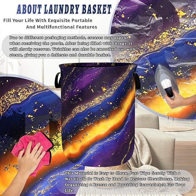 Purple Golden Marble Laundry Basket Foldable Colorful Abstract Print Laundry Hamper With Handle Portable Oxford Cloth Clothes Storage Basket Laundry Bag 18.9"x16.5" For Laundry Room/Bedroom/Bathrooms