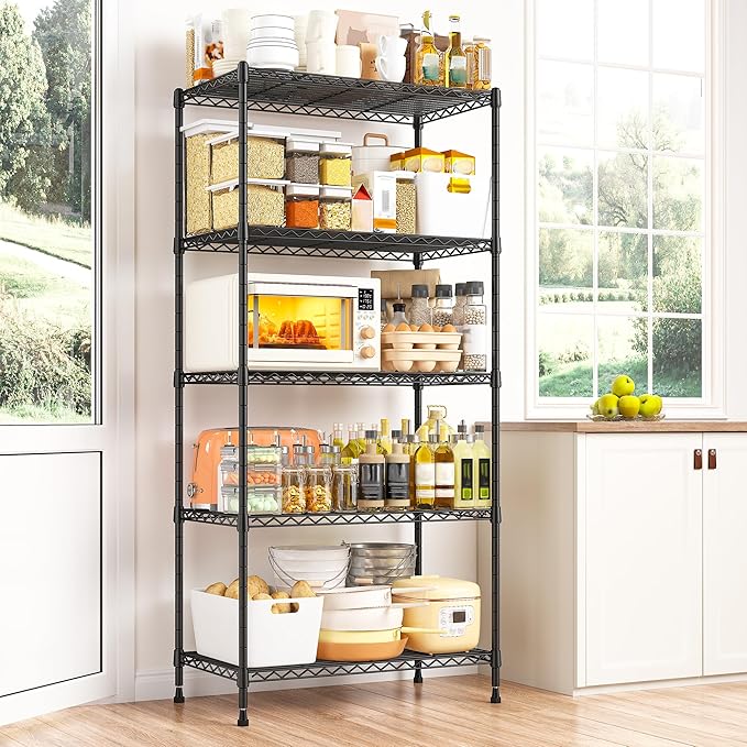 REIBII 5 Tier Wire Shelving, 23.2" W Metal Shelving, Small Space Corner Storage, Adjustable Shelves, Leveling Feet, Metal, for Kitchen, Bedroom, Pantry, Closet,Laundry Room