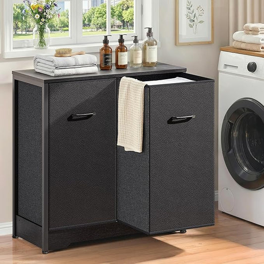 Pull-Out Laundry Sorter Cabinet With Removable Bags, Laundry Basket, 140L (2x70L) Laundry Hamper 2 Section For Organized Bedroom, Laundry Room, Black